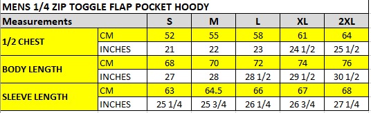 Mens 1/4 ZIP TOGGLE FLAP POCKET HOODY Size Guide Mens 1/4 ZIP TOGGLE FLAP POCKET HOODY Size Guide